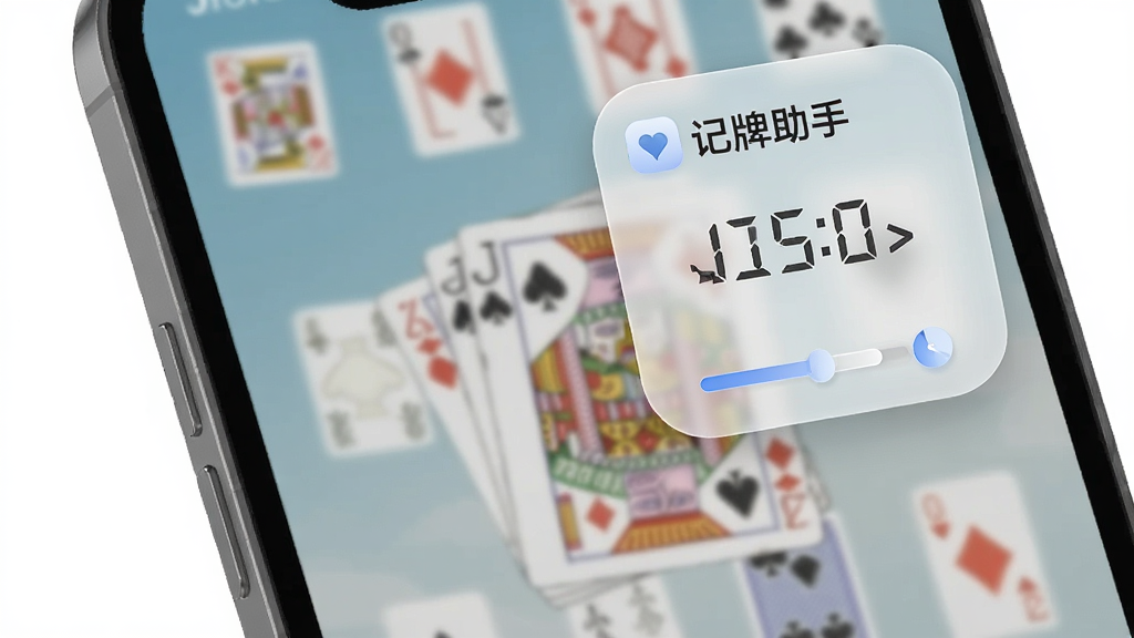 主体:记牌助手悬浮窗在手机屏幕上的效果,半透明,可拖动;布局:悬浮窗位于屏幕右上角,显示剩余牌数;排版:悬浮窗小巧,有“记牌助手”标识;风格:轻量简洁;细节:窗口边缘圆润,透明度可调;画质:高清,干净。