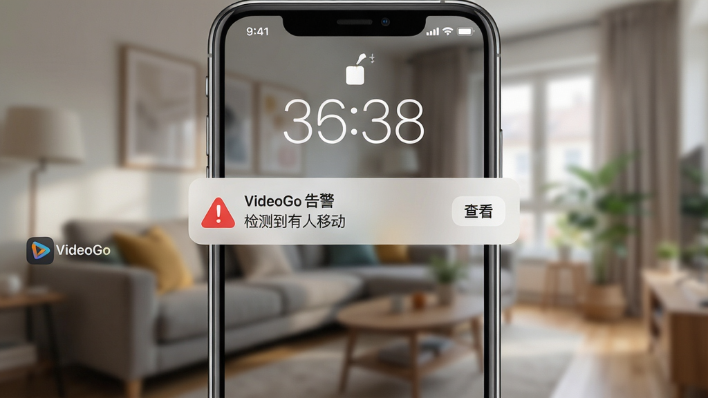 主体:VideoGo应用收到告警通知的手机锁屏界面。布局:手机竖屏,锁屏壁纸为模糊的客厅背景,中央弹出VideoGo的告警横幅通知。排版:通知横幅显示“VideoGo 告警”和“检测到有人移动”,右侧有“查看”按钮,左上角有“VideoGo”图标。风格:写实风格,光影自然。细节:通知横幅带有红色感叹号标志,手机顶部状态栏显示时间和信号。画质:高清,细节丰富,干净,无多余元素。