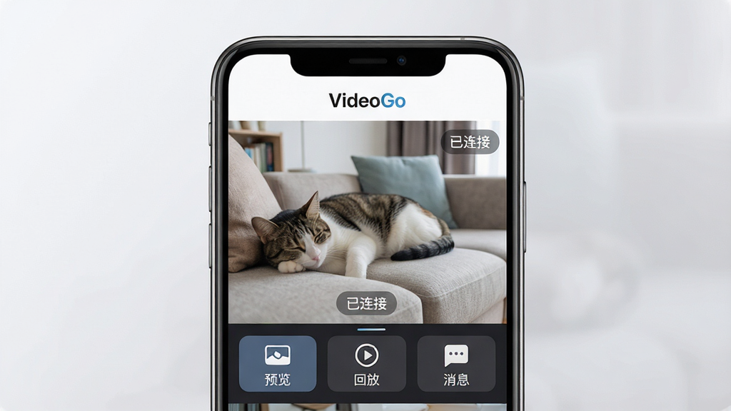 主体:一部智能手机屏幕正展示VideoGo应用的实时监控界面,画面中清晰显示客厅场景。布局:手机居中,屏幕内容为主,背景为柔和的浅灰色渐变,突出界面。排版:手机屏幕内显示监控画面、底部功能按钮“预览”、“回放”、“消息”,顶部有“VideoGo”字样。风格:现代扁平化UI设计风格,界面清爽,图标简洁。细节:画面中有一只宠物猫正在沙发上休息,画面清晰无噪点,提示“已连接”。画质:4K超清,干净,无多余元素。