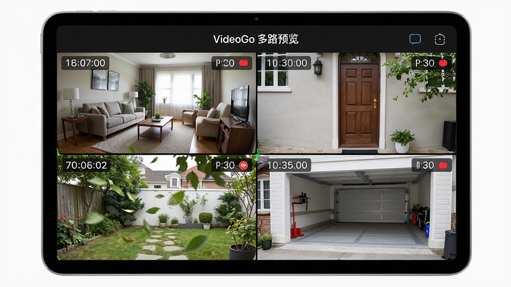 主体:VideoGo应用的多路分屏预览界面,显示四个不同监控场景。布局:一个平板电脑横屏展示,屏幕被均匀分为四个格子,分别显示客厅、门口、庭院、车库的实时画面。排版:屏幕上方有“VideoGo 多路预览”字样,每个画面角落有摄像头名称标签。风格:写实与UI结合风格,画面明亮。细节:每个监控画面都有时间戳和录制标识,庭院画面中有树叶飘动,体现实时性。画质:高清细腻,干净,无多余元素。