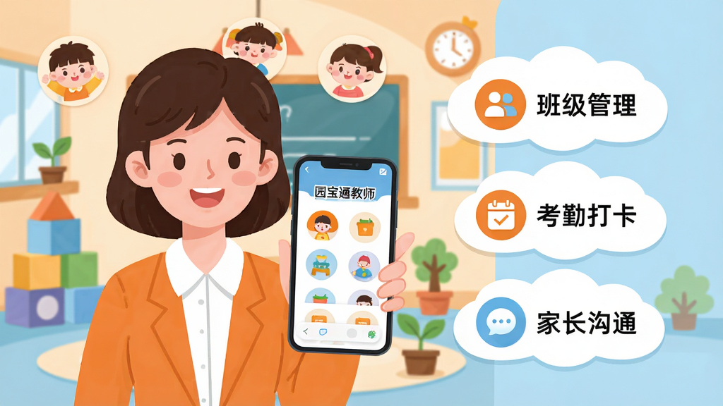 主体:一位年轻女教师手持智能手机,屏幕显示“园宝通教师”主界面,周围有卡通风格的幼儿园教室背景和可爱的儿童图标。布局:教师位于画面中央偏左,右侧留白处用云朵框标注“班级管理”“考勤打卡”“家长沟通”三个图标。排版:界面图标排列整齐,采用圆形按钮设计,色彩明亮。风格:扁平化插画风格,整体色调以暖橙和淡蓝为主,传递温馨、专业、科技感。细节:教师面带微笑,手机屏幕内容清晰可读,背景有积木、小树苗等元素。画质:高清,干净,无多余元素。