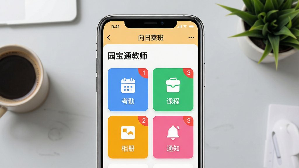 主体:智能手机竖屏展示“园宝通教师”班级管理页面,上方显示班级名称“向日葵班”,下方整齐排列“考勤”“课程”“相册”“通知”四个彩色功能卡片。布局:手机居中,背景为浅灰色工作台,桌面有咖啡杯和绿植。排版:卡片等距分布,图标下方配有简短中文标签。风格:写实与UI结合,界面细节清晰,色彩明亮。细节:卡片上有红色角标数字,示意有待处理事项。画质:高清,干净,无多余元素。