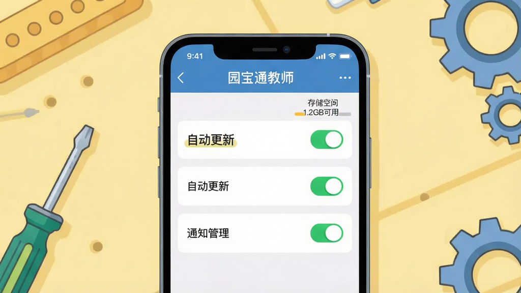 主体:手机屏幕上显示“园宝通教师”设置页面,突出“自动更新”和“通知管理”选项。布局:手机居中,背景为浅黄色工作台,周围有螺丝刀和齿轮图标。排版:设置列表清晰,开关按钮为绿色。风格:扁平化插画,细节丰富。细节:屏幕上有“存储空间 1.2GB可用”字样。画质:高清,干净,无多余元素。
