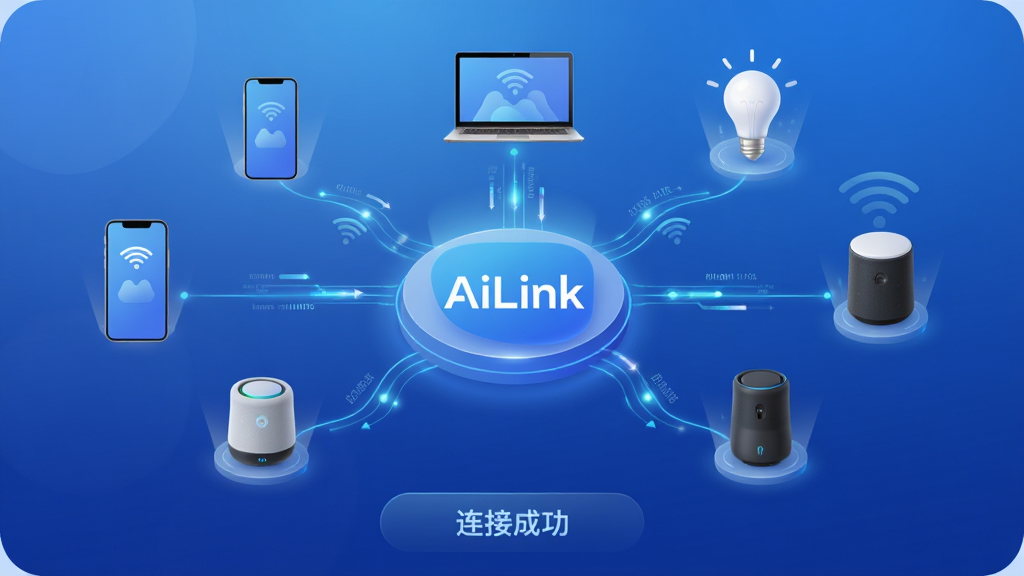 主体:AiLink软件界面概念图,展示手机与电脑、智能家居设备无线连接。布局:中心位置是AiLink品牌Logo,周围环绕手机、笔记本电脑、智能灯泡、智能音箱等设备图标,以线条连接至中心。排版:简洁清晰,设备图标有序排列,连接线流畅。风格:现代科技感,蓝色系渐变背景,搭配柔和光效。细节:连接线带有数据传输动效,界面底部有“连接成功”字样。画质:高清渲染,干净无多余元素。