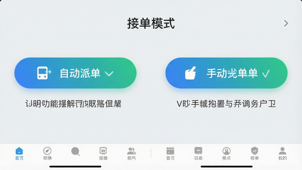 画面主体为手机APP的接单模式切换界面,两个大按钮分别标注