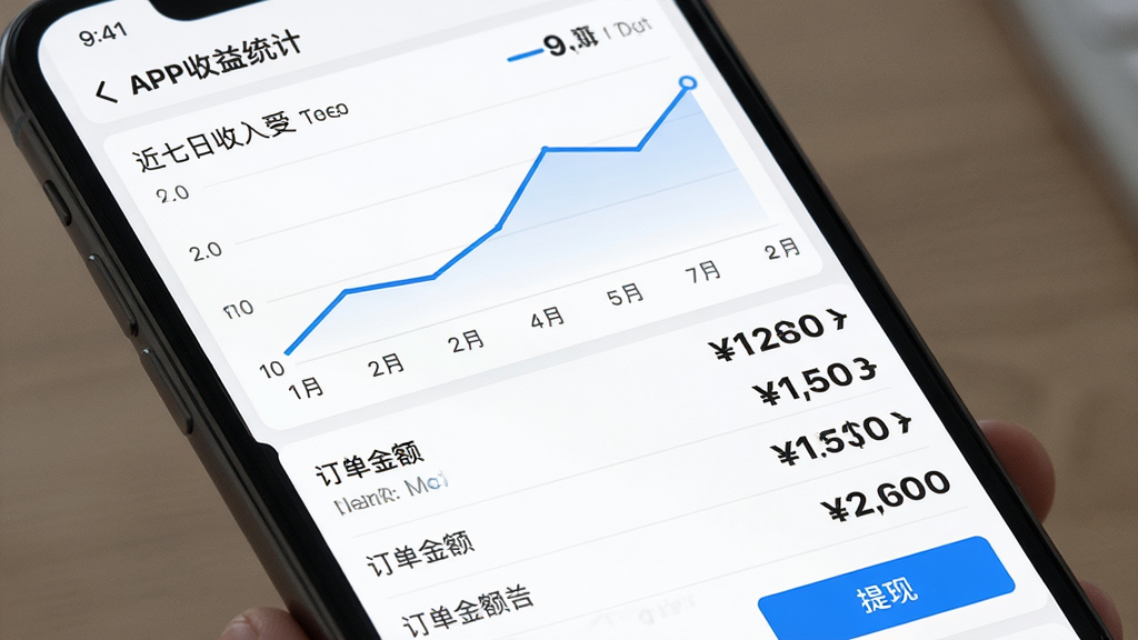 画面主体为手机APP的收益统计页面,折线图展示近七日收入变化,下方列出各订单金额明细。布局为图表上半部分,列表下半部分。风格为数据可视化风格,图表线条为蓝色,背景为白色。细节包括金额数字加粗显示、提现按钮。画质干净,无多余元素。