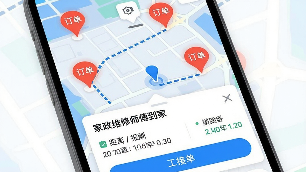画面主体为手机地图界面,地图上分布多个红色订单标记点,屏幕下方有