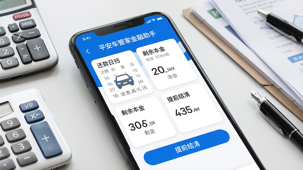 主体:手机界面显示平安车管家金融助手页面,包含还款日历、剩余本金、提前结清按钮等元素,背景为办公桌面。布局:手机屏幕特写,周围有计算器、文件等道具。排版:数据以卡片式排列。风格:商务简约风,蓝白配色。细节:数字清晰,按钮醒目。画质:高清,干净,无多余元素。