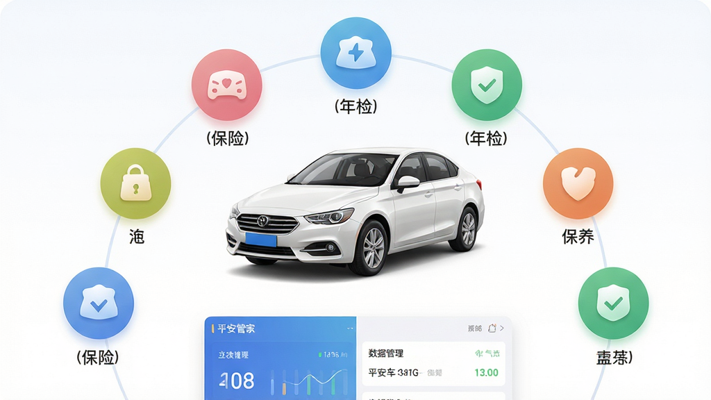 主体:展示平安车管家App的车辆管理功能界面,以一辆白色家用轿车为主视觉,周围环绕保险、年检、保养等圆形图标。布局:车辆居中,功能图标呈半圆形环绕,底部为数据面板。排版:图标下方配有中文标签。风格:扁平化结合轻拟物,色彩明亮清新。细节:界面文字清晰,车辆光影自然。画质:高清,干净,无多余元素。