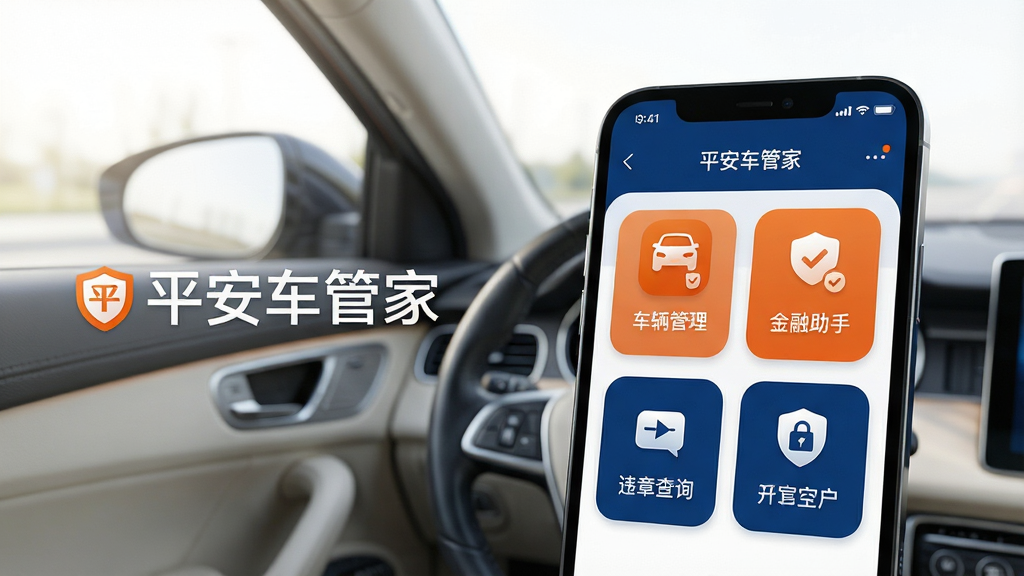主体:智能手机屏幕展示平安车管家应用主界面,界面清晰显示车辆管理、金融助手、违章查询等核心功能模块图标,背景为现代简约风格的车内场景,带有柔和自然光。布局:手机位于画面中央偏右,左侧留白区域配有“平安车管家”文字标志,整体排版干净整齐。风格:写实科技风,色彩以平安橙与深蓝为主。细节:应用图标圆润,功能图标精致,画面干净无多余元素。画质:高清,渲染细腻,干净,无多余元素。