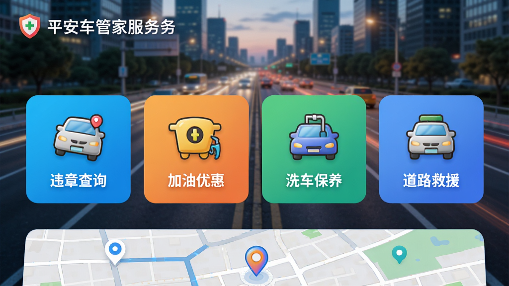 主体:平安车管家App服务页面,展示违章查询、加油优惠、洗车保养、道路救援四个服务卡片,背景为城市道路。布局:卡片横向排列,下方为地图导航样式。排版:图标加文字。风格:现代科技感,色彩活泼。细节:图标形象生动。画质:高清,干净,无多余元素。