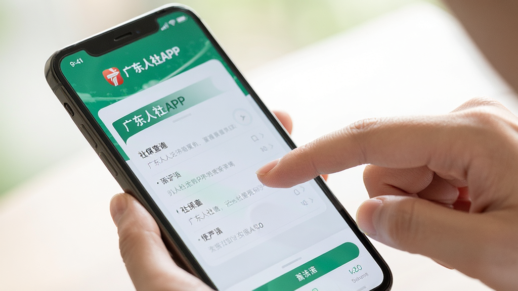 主体:广东人社APP移动端使用场景,用户正在手机上操作社保查询;布局:手机特写,手指点击屏幕;排版:自然真实,突出“广东人社APP”名称;风格:生活摄影风,明亮色调;细节:屏幕显示“广东人社APP”界面,用户操作中;画质:高清,干净,无多余元素
