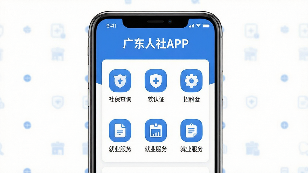 主体:广东人社APP界面展示,手机屏幕显示社保查询、养老认证、就业服务等核心功能模块;布局:手机居中,界面清晰,功能图标排列整齐;排版:简洁明快,突出APP名称“广东人社APP”;风格:现代扁平化设计,蓝色主色调,白色背景;细节:屏幕中显示“广东人社APP”字样,功能图标包含社保、认证、招聘等;画质:高清,干净,无多余元素