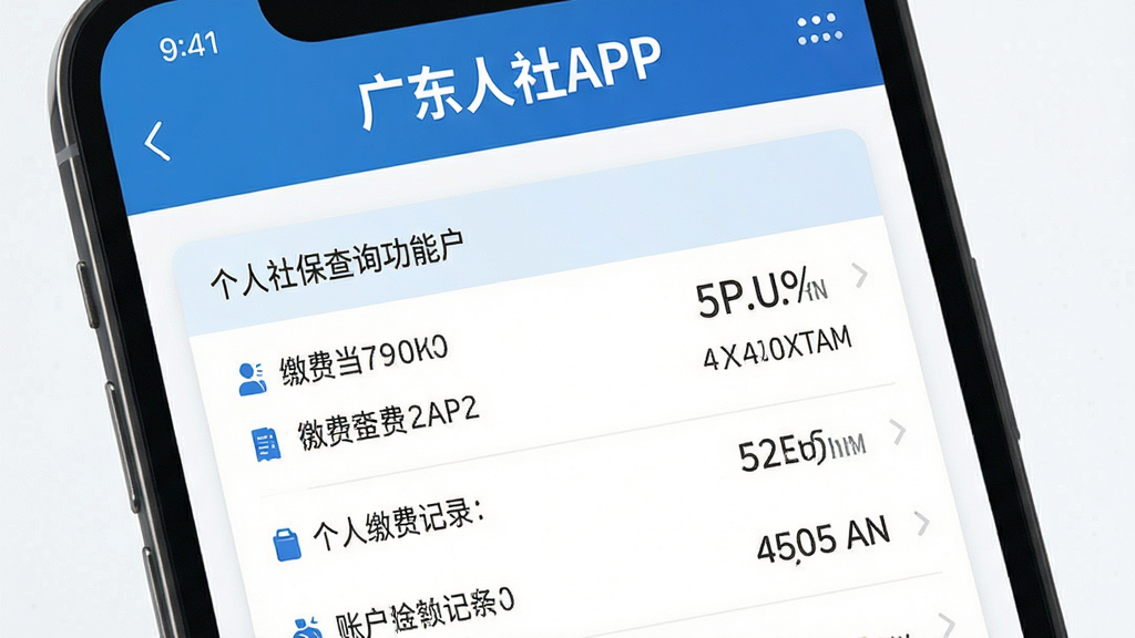主体:广东人社APP的社保查询功能界面,显示个人缴费记录和账户余额;布局:手机屏幕特写,数据列表清晰;排版:信息层级分明,突出“广东人社APP”名称;风格:清爽商务风,蓝色与白色搭配;细节:屏幕中显示“广东人社APP”字样,缴费记录、账户余额等数据;画质:高清,干净,无多余元素