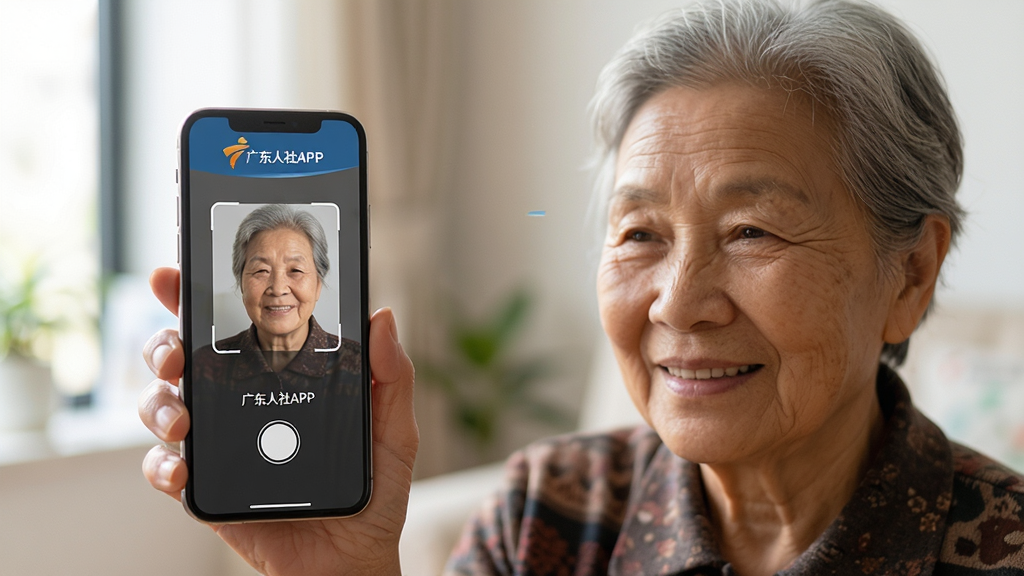 主体:广东人社APP人脸识别认证界面,老人正对手机进行拍照认证;布局:老人手持手机,面部识别框清晰;排版:温馨自然,突出“广东人社APP”名称;风格:写实摄影风格,自然光线;细节:屏幕显示“广东人社APP”及人脸识别框,老人面带微笑;画质:高清,干净,无多余元素