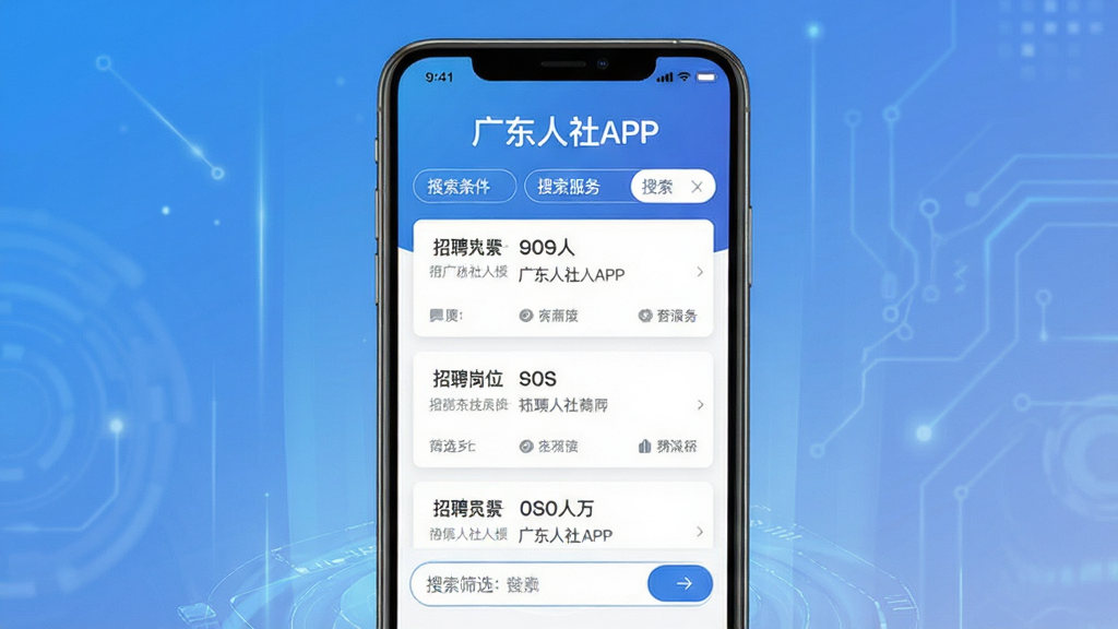 主体:广东人社APP就业服务界面,展示招聘岗位列表和搜索筛选功能;布局:手机屏幕居中,岗位信息卡片式排列;排版:简洁现代,突出“广东人社APP”名称;风格:商务科技风,蓝色渐变背景;细节:屏幕显示“广东人社APP”字样,招聘岗位、筛选条件等;画质:高清,干净,无多余元素