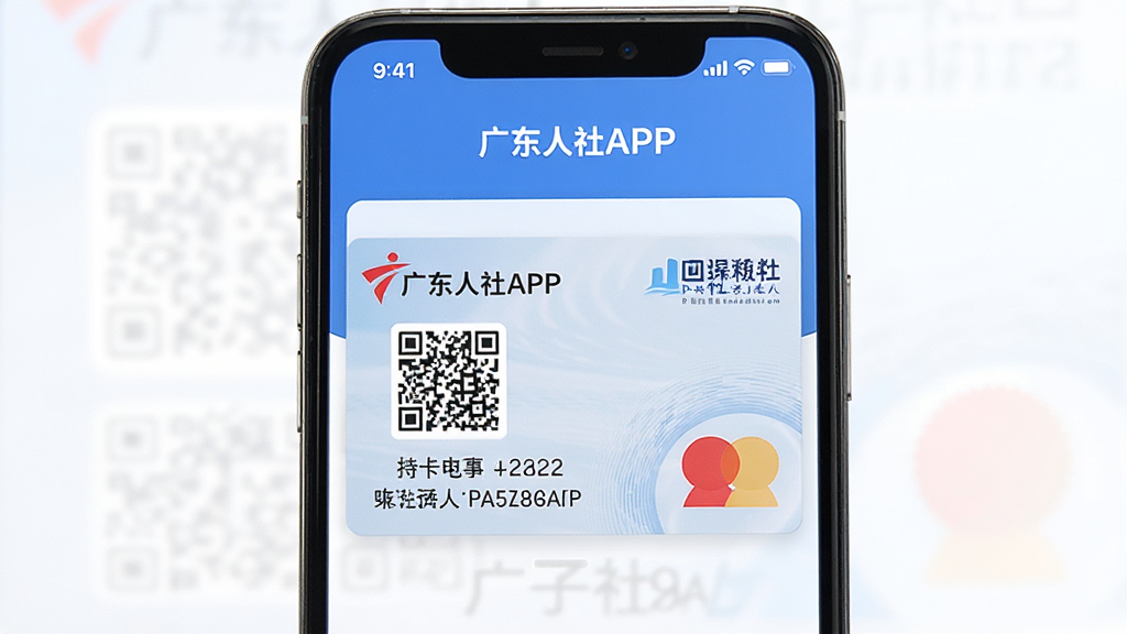 主体:广东人社APP电子社保卡展示界面,卡片样式清晰;布局:手机屏幕中央显示电子社保卡卡片;排版:简洁大方,突出“广东人社APP”名称;风格:现代简约风,蓝白配色;细节:屏幕显示“广东人社APP”和电子社保卡样式,包含二维码和持卡人信息;画质:高清,干净,无多余元素