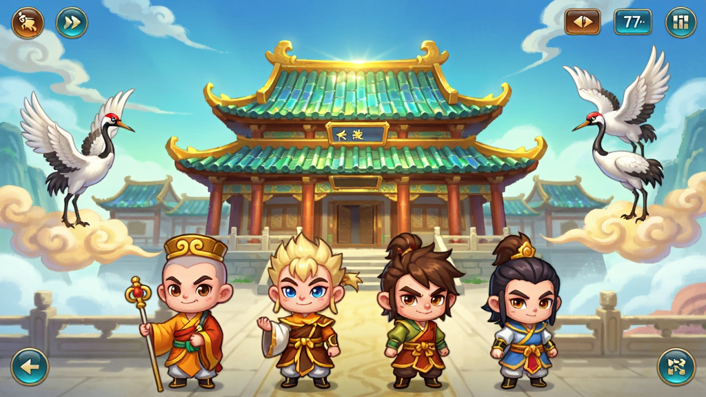 画面主体为《自在西游》游戏主城界面,中央是金碧辉煌的凌霄宝殿,两侧漂浮着祥云和仙鹤,前景有Q版唐僧师徒四人站立。布局采用对称构图,主城建筑位于画面中央偏上,角色在下方一字排开。排版清晰,UI按钮分布在角落。风格为精致国风手绘,色彩明亮饱和。细节包括建筑上的琉璃瓦反光、角色服饰的纹理。画质高清细腻,画面干净无多余元素。