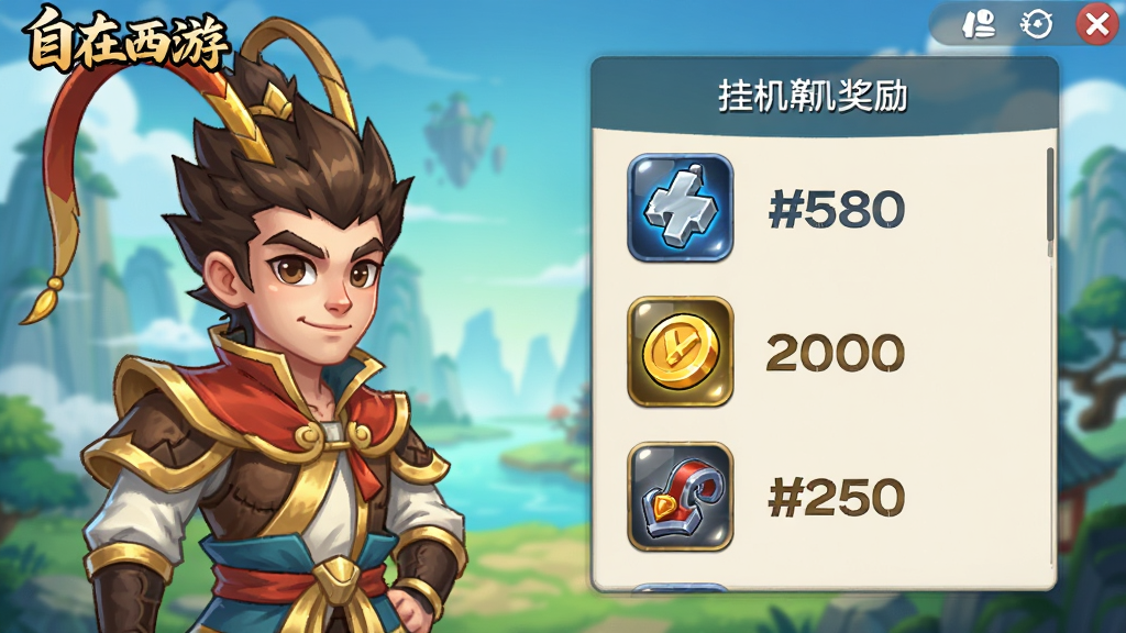 画面主体为《自在西游》挂机收益界面,左侧是主角角色立绘,右侧弹出挂机奖励列表,包含经验、铜钱和装备图标。布局采用左右分栏,奖励列表从上到下排列。排版简洁,数字清晰。风格为明亮卡通,背景是山水风景。细节包括奖励图标的光泽和角色微笑表情。画质高清,画面干净无多余元素。