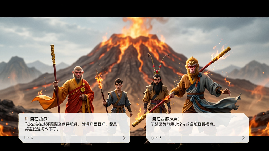 画面主体为《自在西游》剧情对话场景,唐僧师徒四人站在火焰山前,孙悟空手持金箍棒,周围有火焰特效。布局采用电影式宽屏,角色位于画面下三分之一处,对话框在底部。排版具有叙事感。风格为写实国风,色彩浓烈。细节包括火焰的粒子效果和角色衣袂飘动。画质精细,画面干净无多余元素。