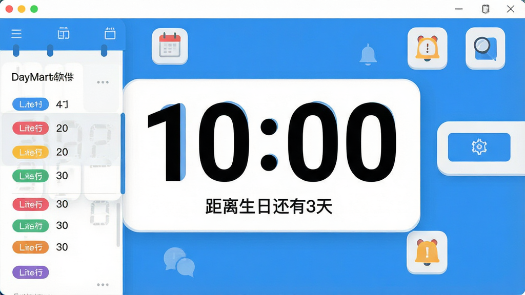 主体:倒计时DayMarter软件主界面,展示一个大型数字倒计时时钟,周围环绕着日历和提醒图标。布局:界面中央为倒计时数字,左侧为事件列表,右侧为设置按钮。排版:数字采用大号粗体字体,列表项排列整齐。风格:现代扁平化设计,色彩清新明亮,蓝色为主色调。细节:数字下方显示“距离生日还有3天”字样,列表中有多个彩色标签。画质:高清,干净,无多余元素