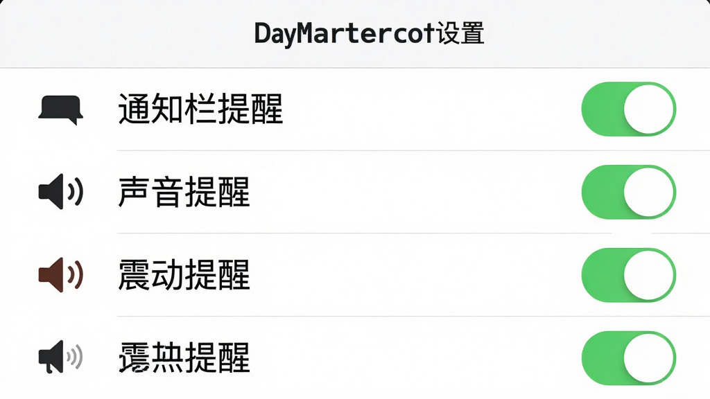 主体:倒计时DayMarter的提醒设置界面,展示一系列提醒选项。布局:界面为列表布局,每个选项带开关和图标。排版:选项名称居左,开关居右。风格:清爽的iOS风格,白色背景,绿色开关。细节:选项包括“通知栏提醒”、“声音提醒”、“震动提醒”等。画质:高清,干净,无多余元素