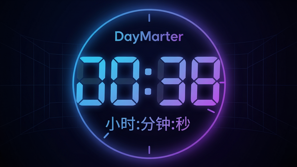 主体:倒计时DayMarter的精准计时界面,展示一个正在跳动的数字时钟。布局:时钟位于画面中央,背景为深色渐变,周围有光晕效果。排版:时间数字采用大号等宽字体,下方有“小时:分钟:秒”标签。风格:科技感风格,配以蓝色和紫色渐变。细节:数字边缘有微光,背景有抽象网格。画质:高清,干净,无多余元素