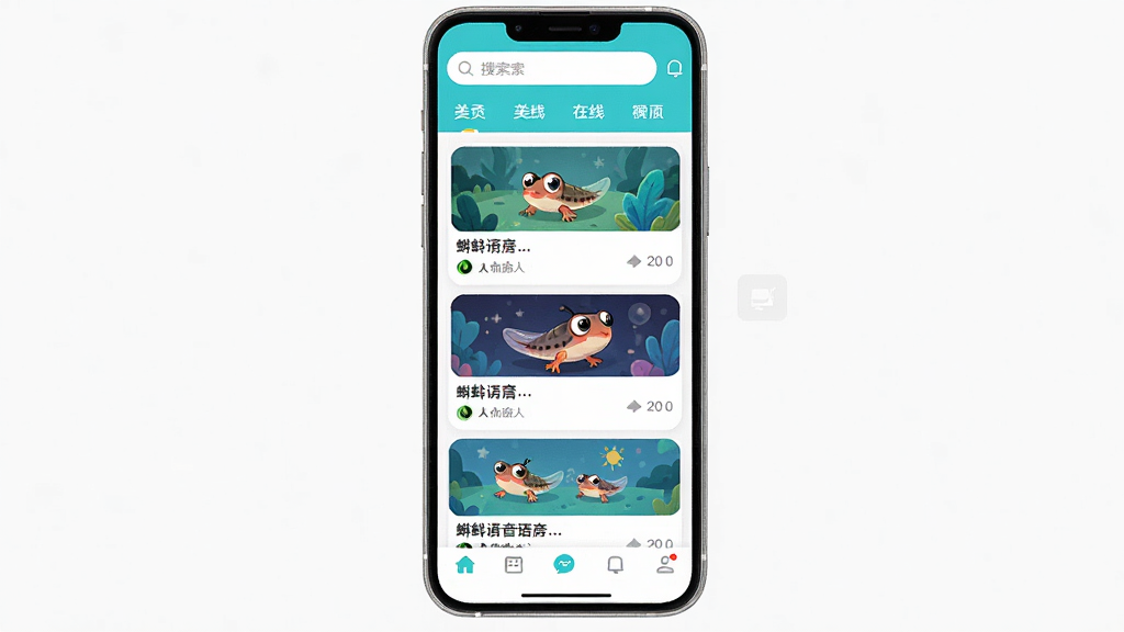 蝌蚪语音主界面预览图,展示手机屏幕上的应用界面,顶部有搜索栏和分类标签,中部为多个语音房间的卡片式列表,每个卡片显示房间封面、标题和在线人数,底部为导航栏,整体风格清新活泼,色彩明快,布局简洁,画质高清,干净无多余元素