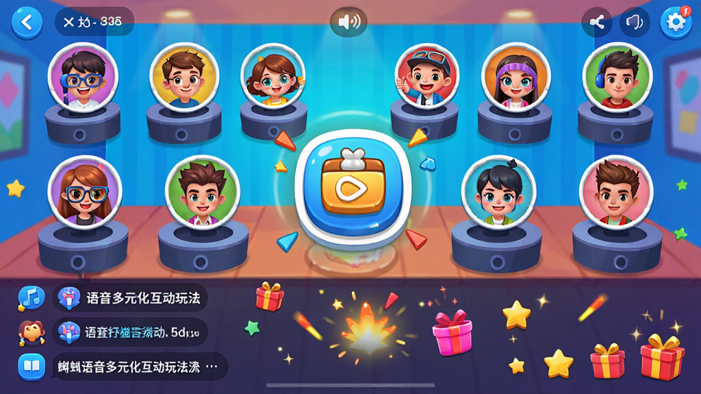 蝌蚪语音多元化互动玩法预览图,画面展示一个热闹的语音房间界面,房间内有多个用户头像排列在麦位上,下方有文字聊天区域和礼物特效,屏幕中央有互动游戏图标,整体色彩鲜艳,动感十足,风格活泼,画质清晰,干净无多余元素