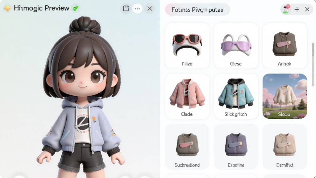 蝌蚪语音个性化形象系统预览图,画面展示一个虚拟形象编辑界面,左侧为角色预览,右侧为各种装扮选项,包括头饰、服装、背景等,角色造型时尚可爱,界面设计精致,色彩柔和,风格清新,画质高清,干净无多余元素