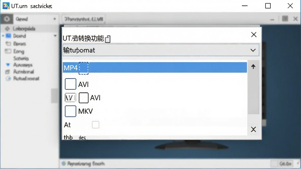 UT.urn格式转换功能界面,展示选择输出格式的下拉菜单,包含MP4、AVI、MKV等选项,背景为软件主窗口,布局规整,风格简洁清晰,画质干净