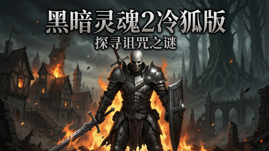 主体为《黑暗灵魂2冷狐版》游戏封面艺术图,画面中央是身穿破旧铠甲的不死人主角手持长剑与盾牌,背景是即将崩塌的如蜜小镇与远处高耸的远古森林,整体氛围阴暗压抑,充满哥特式奇幻风格。布局采用居中对称构图,主角占据画面核心位置,身后是燃烧的火焰与飘散的灰烬。排版上,游戏标题“黑暗灵魂2冷狐版”以华丽的哥特体文字置于画面上方,副标题“探寻诅咒之谜”位于其下。风格为写实暗黑系,细节上突出铠甲磨损的纹理与武器金属质感,画质为高清壁纸级别,干净无多余元素。