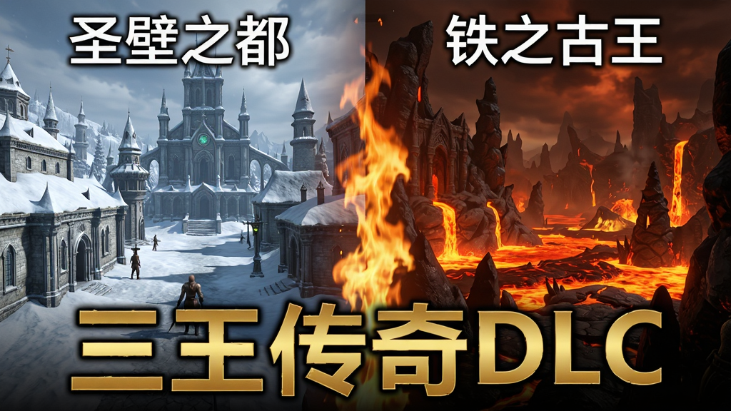 主体为《黑暗灵魂2冷狐版》游戏内DLC场景拼接图,左侧展示“圣壁之都”萨尔瓦的雪白诡异建筑,右侧展示“铁之古王”的熔岩地狱景观。布局采用左右分割构图,中间以燃烧的火焰特效过渡。排版上,图片下方标注“三王传奇DLC”金色大字。风格为写实游戏截图风格,细节上突出场景的光影对比与材质纹理,画质细腻清晰,干净无多余UI元素。