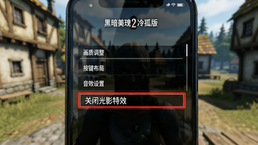 主体为手机屏幕显示《黑暗灵魂2冷狐版》游戏设置菜单界面,画面中清晰可见“画质调整”、“按键布局”、“音效设置”等选项。布局为手机屏幕居中特写,界面风格与游戏内UI一致。排版上,重点选项“关闭光影特效”被红色边框高亮突出。风格为写实截屏风格,细节上体现屏幕玻璃的反光质感,画质清晰锐利,背景为游戏内如蜜小镇的虚化场景,干净无多余元素。