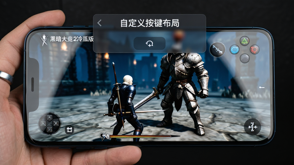 主体为手机横屏运行《黑暗灵魂2冷狐版》的实拍照片,手机屏幕中显示游戏战斗画面,主角正与一名重甲骑士Boss对峙。布局为手机居中特写,屏幕内容清晰锐利。排版上,手机屏幕上方悬浮着“自定义按键布局”的半透明设置面板。风格为写实产品图,细节上突出手机握持感与屏幕画面的光影反射,画质高清,背景为深色渐变,干净无多余元素。