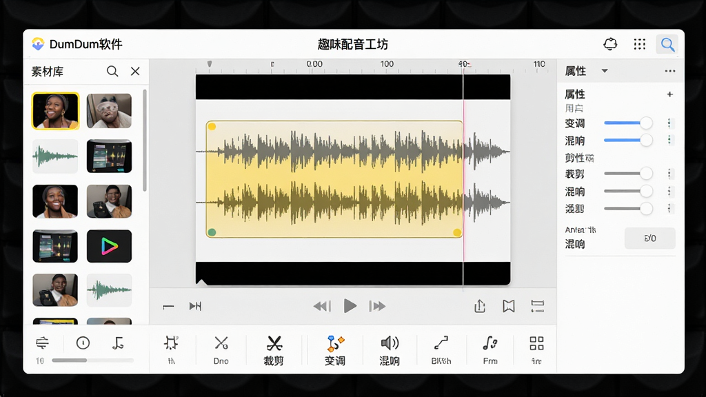 ���壺DumDum������Ȥζ�����������༭ҳ�棬��ʾ��Ƶ���ι�������֣��Ϸ�ΪԤ�������·�Ϊ�������������Ű棺ʱ������У����Ϊ�زĿ⣬�Ҳ�Ϊ���Ե�����塣��񣺼�������ı༭������԰�ɫ��ǳ��ɫΪ��ɫ����ϸ�ڣ����ι���ϴ��л�ɫ����ѡ����������ͼ������������ע���ü�������������������족�����֡����ʣ��������ȣ��ɾ����޶���Ԫ�ء�