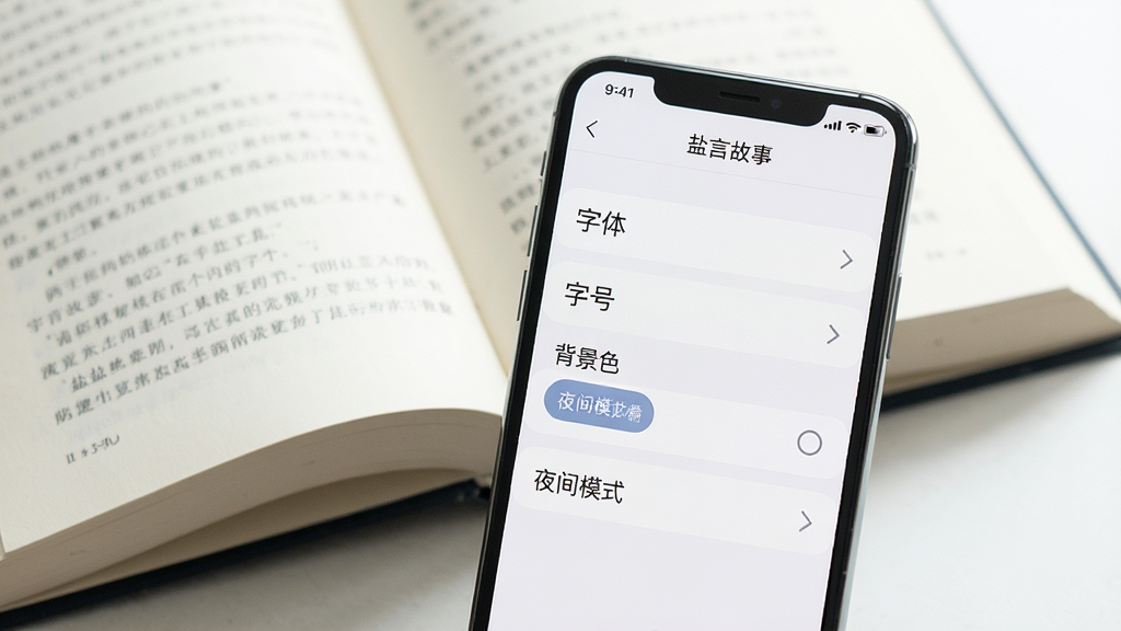 一幅展示“盐言故事”阅读界面自定义设置的图片,画面中一部手机屏幕显示阅读设置菜单,包含字体、字号、背景色、夜间模式等选项,背景是一本打开的书,页面文字清晰,整体风格简洁明亮,色调舒适,布局直观,画质高清,无多余元素。