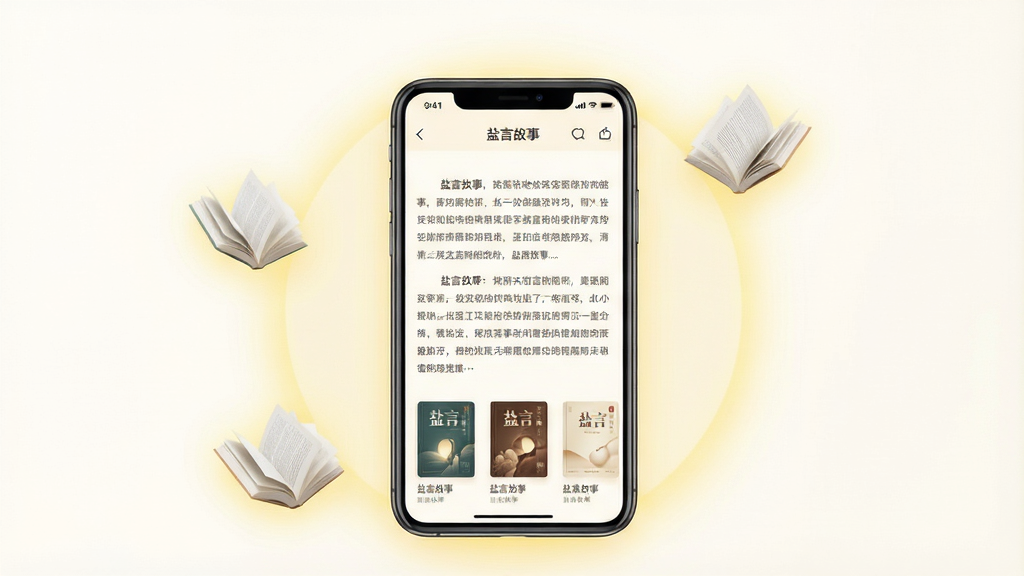 一幅现代简约风格的手机阅读应用宣传图,画面中央是一部智能手机,屏幕显示“盐言故事”APP的阅读界面,界面以暖白色为基调,配有清晰的文字段落和精致的书籍封面缩略图,周围点缀着柔和的淡黄色光晕和飘浮的书页元素,整体布局干净整洁,风格清新文艺,细节丰富,画质高清,无多余元素。