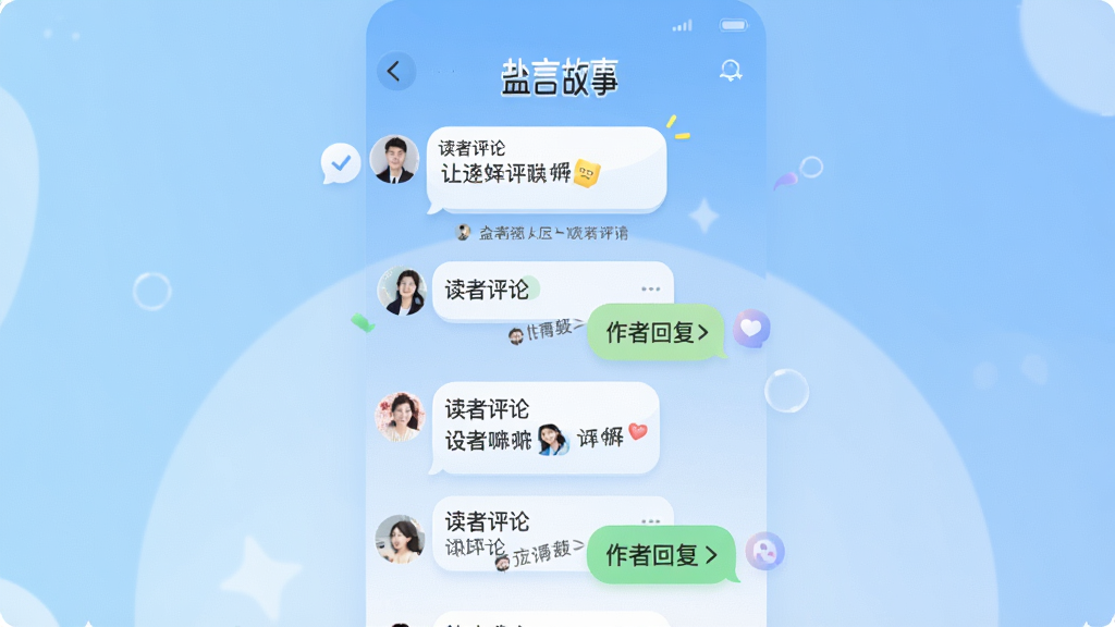一张展示“盐言故事”APP互动社区界面的图片,画面以聊天对话气泡为设计元素,显示读者评论与作者回复的列表,背景是柔和的渐变蓝色,整体风格活泼现代,布局清晰,画质干净,无多余元素。