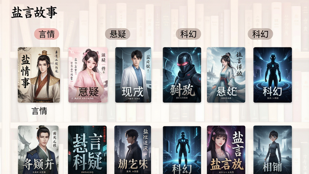 一张展示“盐言故事”APP内容分类的界面截图,画面以书架为背景,整齐排列着各类小说封面,封面风格多样,包括古风、现代、科幻等,分类标签清晰可见,如“言情”、“悬疑”、“科幻”,整体色调柔和,布局合理,画面干净,画质清晰,无多余元素。