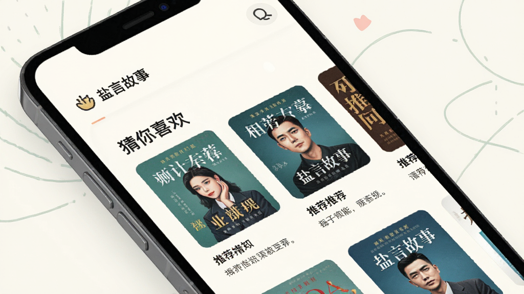 一幅展示“盐言故事”APP个性化推荐功能的界面图,画面中手机屏幕显示“猜你喜欢”栏目,排列着几本推荐书籍的封面,每本书下方有简短推荐理由,整体设计采用浅色背景,配有简洁的线条装饰,风格清新,布局合理,画质清晰,无多余元素。