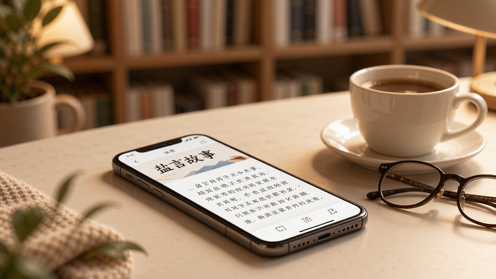 一幅展示“盐言故事”APP使用场景的图片,画面中一部手机平放在桌面上,屏幕显示阅读界面,旁边有一杯咖啡和一副眼镜,背景是温馨的书房,整体风格安静舒适,色调温暖,布局自然,画质高清,无多余元素。