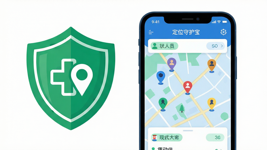 主体:智能手机屏幕显示定位守护宝应用界面,界面中有清晰的地图、人员位置标记和状态栏,手机旁边放置着一把绿色的安全盾牌。布局:手机位于画面中央偏右,盾牌位于左侧,两者形成稳定三角构图,周围留白干净。排版:手机屏幕内展示应用地图界面的正面视图,信息层级分明。风格:现代扁平插画风格,色彩明快,以蓝色和绿色为主色调,体现科技感与安全信赖感。细节:地图上显示多个彩色人物定位点,盾牌上有十字医疗与定位符号结合,画质高清,干净,无多余元素。