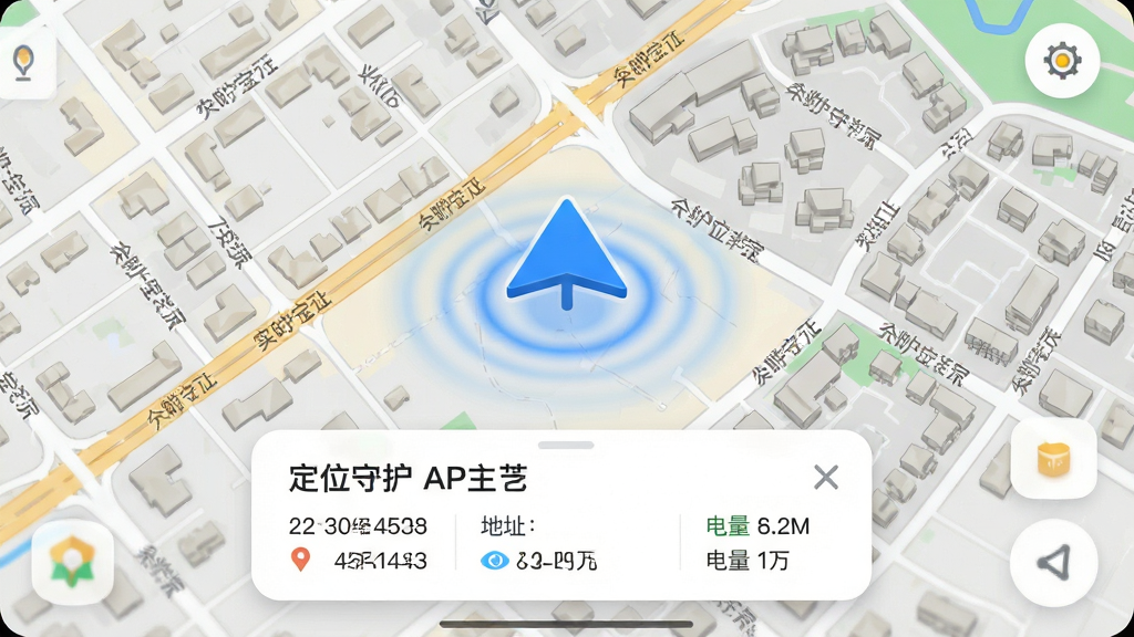 主体:定位守护宝APP的实时定位功能界面,背景是高清的电子地图,地图中央有一个醒目的蓝色定位箭头,下方有位置详情卡片。布局:地图占据画面主体,定位箭头位于中心,卡片悬浮于底部。排版:地图采用俯视视角,街道名称与建筑轮廓清晰,信息卡片采用圆角设计。风格:写实与UI结合风格,地图色彩真实自然,界面元素清晰明亮。细节:定位箭头带有波纹扩散效果,卡片上显示经纬度、地址、电量等信息,画质高清,干净,无多余元素。