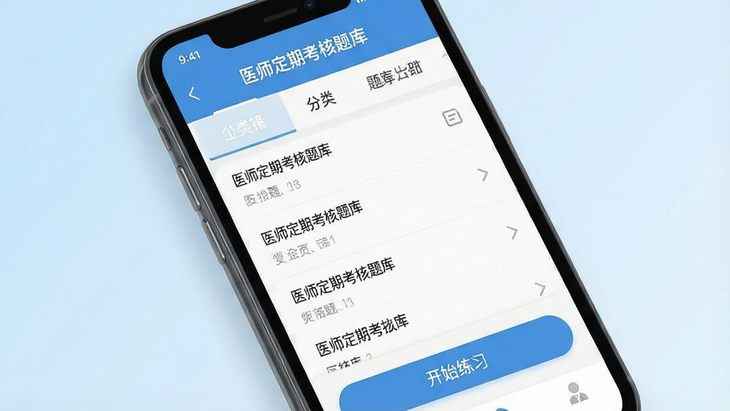 一张展示医师定期考核题库APP在手机上运行的主界面预览图,主体是智能手机屏幕特写,屏幕内清晰显示题库列表、分类导航和开始练习按钮,布局简洁明了,排版整齐,背景为淡蓝色渐变,风格现代扁平化,细节包括“医师定期考核题库”文字在屏幕顶部,画质高清干净,无多余元素