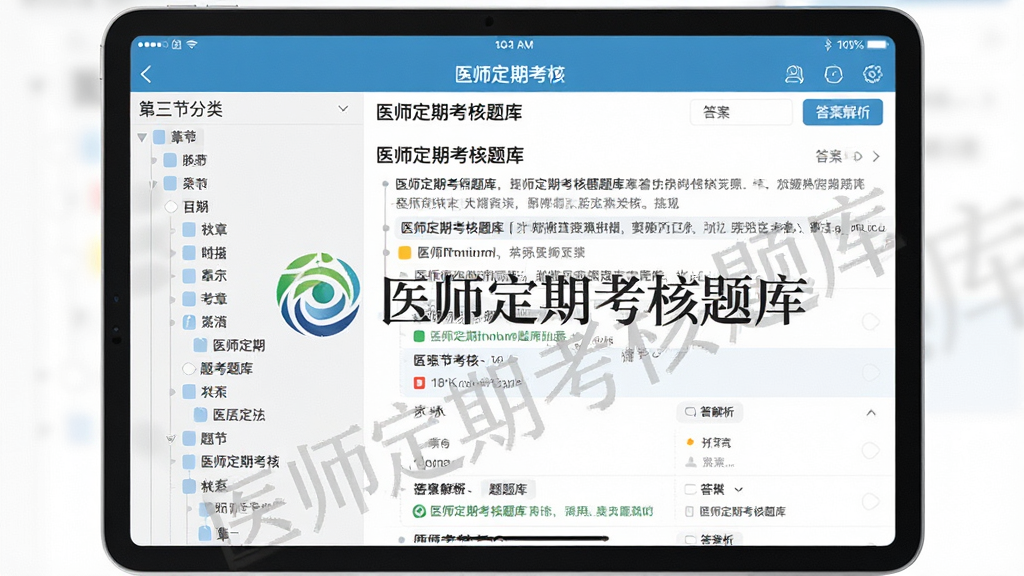 一张展示医师定期考核题库APP内海量题库资源的界面截图,主体是平板电脑横屏展示题目列表,左侧是章节分类树状图,右侧是题目详情和答案解析,布局专业,排版清晰,风格清爽,细节突出“医师定期考核题库”的logo水印,画质干净,无多余元素