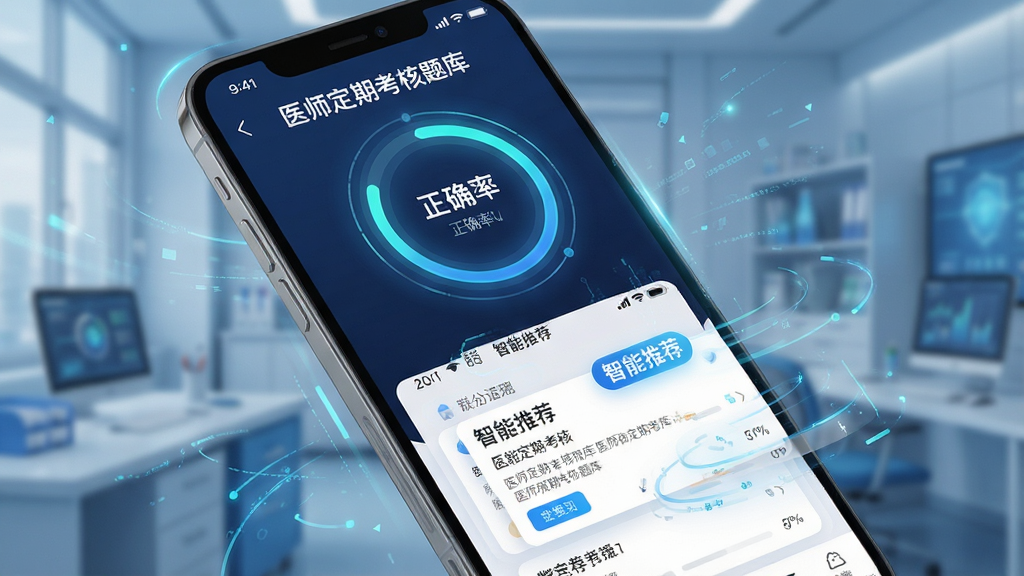 一张展示医师定期考核题库APP智能练习功能的动态效果图,主体是手机界面,界面中有一个圆形的进度环显示正确率,下方是智能推荐的练习题卡片,布局富有科技感,排版动态流畅,风格时尚,细节包括“医师定期考核题库”字样和“智能推荐”标签,画质高清,无多余元素
