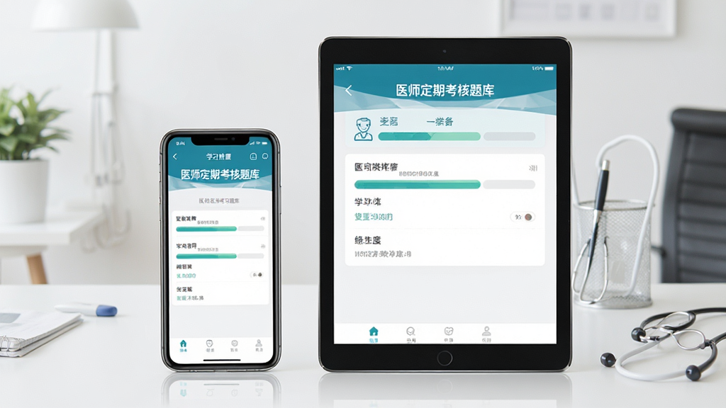 一张展示医师定期考核题库APP在手机和平板设备上同步使用的场景图,主体是手机和平板并排放置,屏幕上都显示着相同的学习进度界面,布局简洁,排版干净,风格现代,细节包括“医师定期考核题库”的界面元素,画质清晰,无多余元素