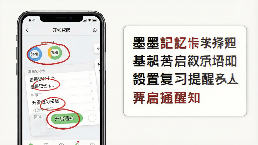 主体:一张分步操作示意图,左侧为手机截图,右侧为文字说明框,解释如何开启通知权限和设置复习提醒。布局:左右分布,底色为浅白色。排版:手机截图轮廓清晰,说明文字使用黑色标准字体,关键步骤用红色圆圈标出。风格:干净的教程图解风格。细节:文字说明包含“墨墨记忆卡”和“开启通知”字样。画质:高清,无多余元素。