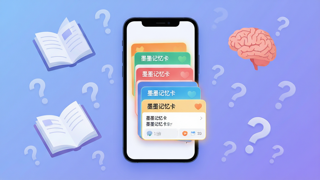 主体:一部运行着墨墨记忆卡应用的智能手机,屏幕显示彩色记忆卡片堆叠界面。布局:手机位于画面中央,背景为柔和的渐变蓝紫色,周围漂浮着书本、大脑、问号等学习元素。排版:手机屏幕内容清晰,卡片上有“墨墨记忆卡”字样和简单的知识点条目。风格:扁平化插画风格,色彩明快,现代感强。细节:卡片边缘有微光效,背景元素带有透明度,层次分明。画质:高清,干净,无多余元素。